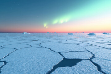 breathtaking view of Northern Lights illuminating icy landscape, showcasing serene atmosphere with vibrant colors in sky