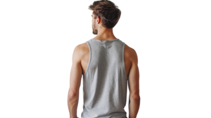 Man wearing grey tank top turning back on transparent background