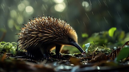 Wet echidna emerging from a rainforest after a storm droplets clinging to its spines like tiny glass beads The glistening textures and misty background create a moody refreshing nature portrait