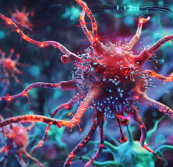 Obraz premium A highly detailed microscopic view of a virus or neural cell, illustrating advanced biotechnology, immunology, or AI-driven medical research.