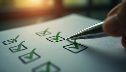 Checklist with green ticks symbolizing compliance in ESG practices. Pen marks completed tasks on paper. ESG, business, finance, corporate governance, sustainability concept.