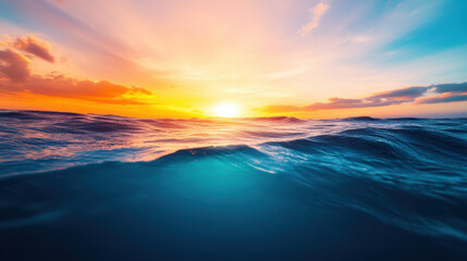 Breathtaking ocean sunset with vibrant colors reflecting on water surface, creating serene and tranquil atmosphere. waves gently ripple under colorful sky
