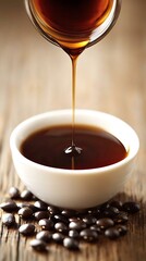 Carob syrup pouring with wooden background.
