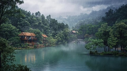 Fototapeta premium Misty mountain lake with rain and wooden huts