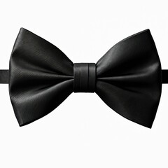 Stylish black bow tie isolated on white background. Satin textured gentleman accessory, elegant men formal wear for wedding, prom, business event. Mockup Father Day holiday card design.