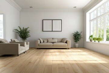 Modern living room interior with beige couch and armchairs, hardwood floor, large window, and empty frames