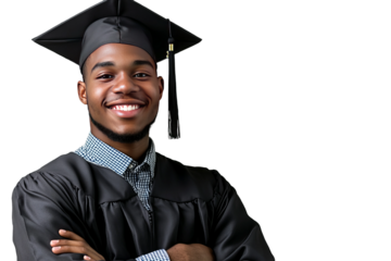 Portrait of a smiling young graduate African American college student wearing square academic cap, isolated on transparent background