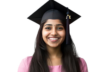 Portrait of a smiling young Indian female college student wearing a square academic cap for graduation, isolated on transparent background