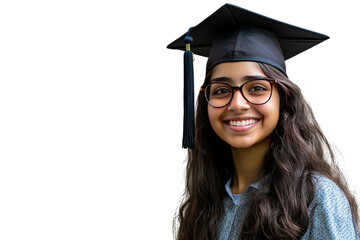 Portrait of a smiling young Indian female college student wearing a square academic cap for graduation, isolated on transparent background