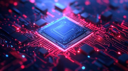 A futuristic AI chip with energy pulses radiating from it