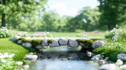 Rustic stone bridge over a gentle stream in a lush green garden