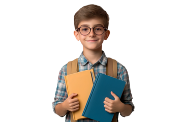 Portrait of a young schoolboy holding school books, isolated on a transparent background