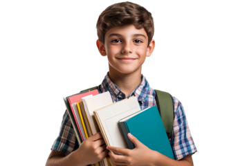 Portrait of a young schoolboy holding school books, isolated on a transparent background