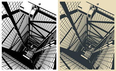 Cinematic view of deep caged elevator shaft © blacklight_trace