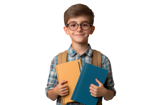 Portrait of a young schoolboy holding school books, isolated on a transparent background