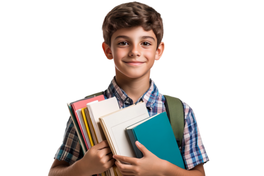 Portrait of a young schoolboy holding school books, isolated on a transparent background