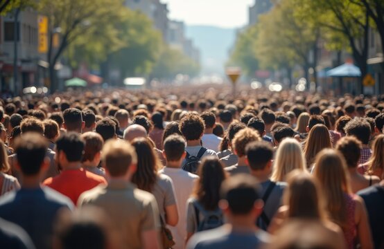 Dense crowd people walk city street. Human population growth, overpopulation concept. Urban life, social issues, globalization. Diverse community, many individuals together.