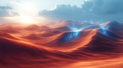 Fototapeta premium Surreal Desert Landscape with Red Sand Dunes and Ethereal Blue Lights Under a Cloudy Sky.