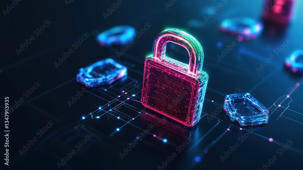 Poster a futuristic 3d glowing padlock made of digital code resting on a dark circuit board surrounded by f