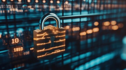 A close-up image of a glowing digital padlock surrounded by circuitry with a blurred server rack background displaying binary code for cybersecurity concepts