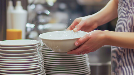 Washing dishes in a busy kitchen with sparkling cleanliness during a bustling dinner service