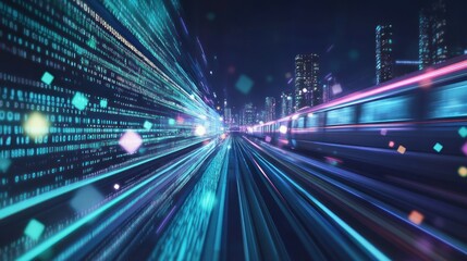 Fototapeta premium Fast Train Through Cityscape with Digital Stream