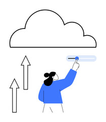 Woman interacts with a cloud slider, representing data control or upload. Arrows point upwards for storage, automation, innovation, and cloud computing. Ideal for technology, data management
