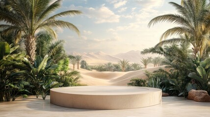 Fototapeta premium Oasis Platform Amidst Desert Palm Trees and Dunes