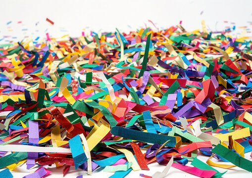 Vibrant confetti scattered on a white background.