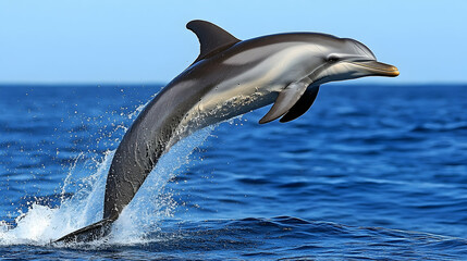 Fototapeta premium Energetic striped dolphin leaps from the azure water, showcasing ocean's marvel