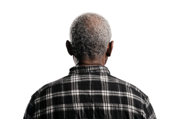 rear view image of a African American grandpa, back of head, bright lighting, black plaid shirt, on a white background