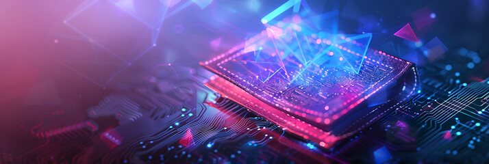 Glowing blue plexus network emerges from a central object resembling a book or chip on a circuit board. Abstract concept of digital knowledge, AI, or data.

