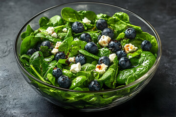 Refreshing spinach salad with blueberries and feta served in glass bowl