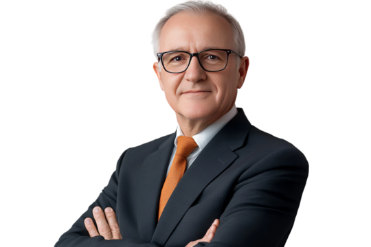 Senior businessman manager in suit with glasses, isolated on transparent background