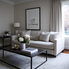 Modern living room interior design, neutral palette, sofa, coffee table, winter sunlight