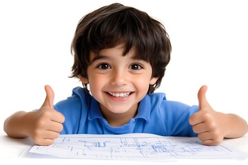 Happy boy thumbs up with schoolwork.