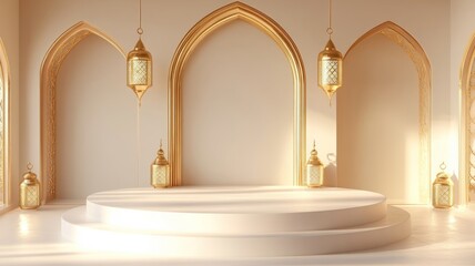 Elegant Golden Lanterns and Archways Surround a Circular Platform