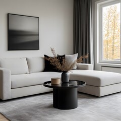 Modern sectional sofa, autumn view, minimalist living room, interior design, home decor
