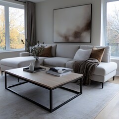 Modern sectional sofa, coffee table, autumnal view, living room design