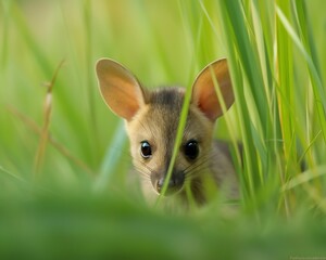 Young Agile Wallaby cautiously peeking out behind tall golden grass tropical savanna large ear twitching scan potential threat golden hour light creates rich warm color palette enhancing softness