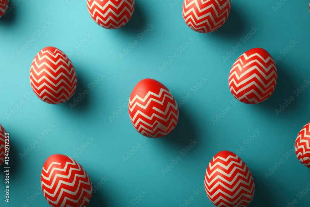 Poster A row of red and white eggs with zigzag patterns. The eggs are arranged in a pattern on a blue background