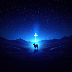 Fototapeta premium A blue sky with a cross and a sheep in the foreground. The sheep is standing in a river