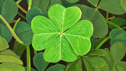 Four leaf clover stands out against green leaves