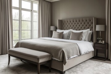 A luxurious bedroom features a large bed and soft neutral colors