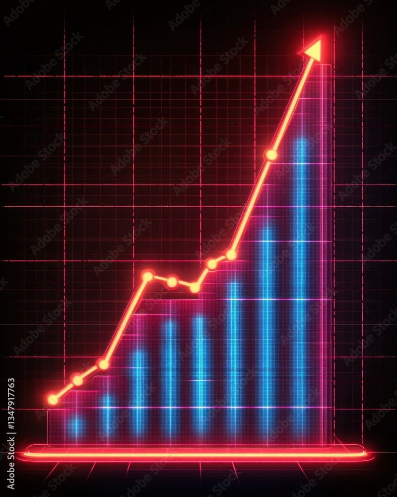 Poster a graph with a red arrow pointing upwards. the graph is in blue and red colors. the graph is showing
