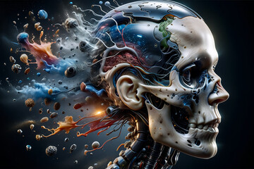 Sci-fi theme picture of a robot skull looking at a human cell phone