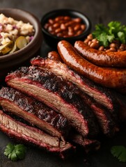 Unforgettable Texas brisket showcasing tender, smoked beef alongside savory sausages and sides at a summer barbecue gathering