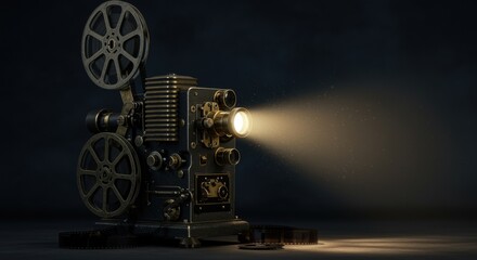 Obraz premium This vintage film projector casts a warm light in a dark room, surrounded by film reels, evoking nostalgia for classic cinema and the art of storytelling.
