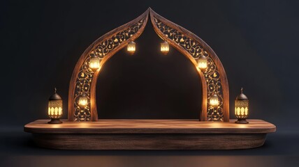 Fototapeta premium Illuminated Wooden Archway With Intricate Lanterns