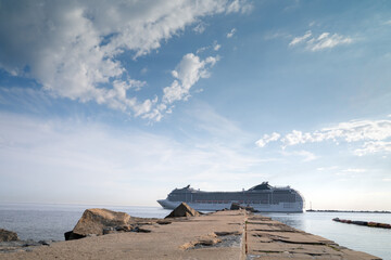 Landscape with Luxury cruise liner on South America sea. Travel image